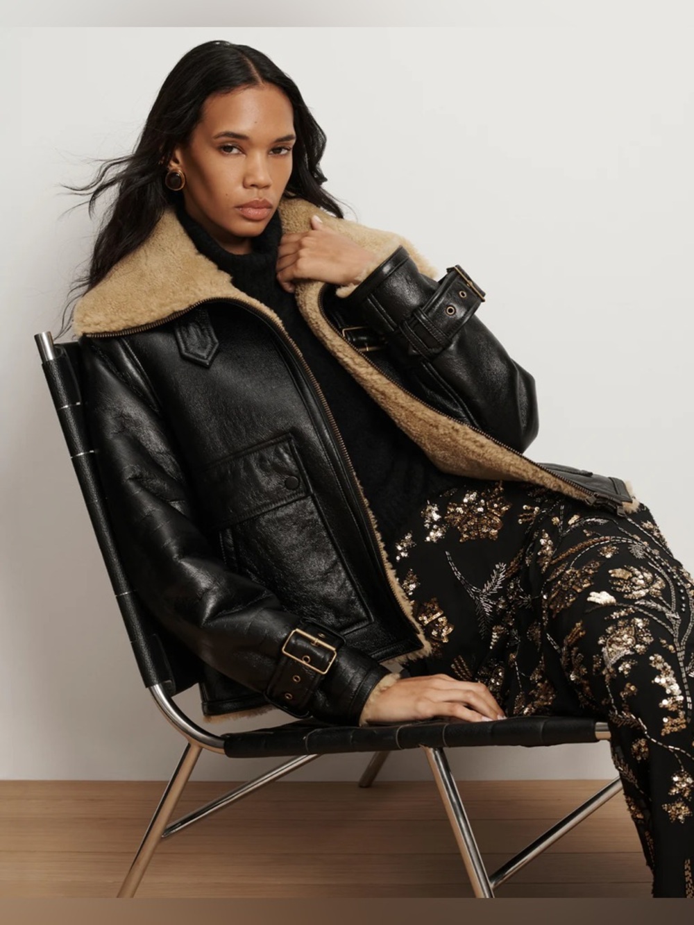 Veronica Beard New Danika Shearling Jacket Leather Black XS